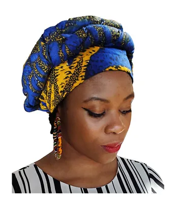 Blue And Gold African Print Modu Hat - Pre-tied Head Wrap • $27.95