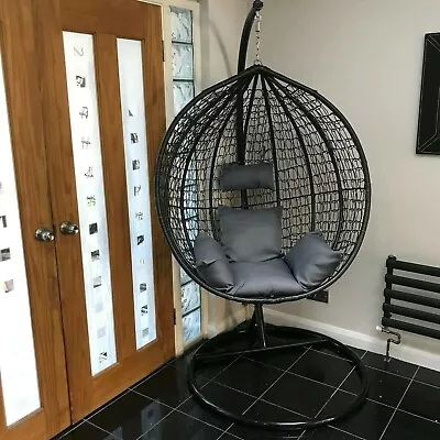 £64 • Buy Single  Hanging Egg Chair Indoor Outdoor Garden Swing  Black With Grey Cushion