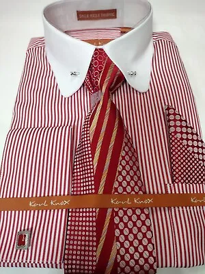 Mens Red Stripe White Eyelet Collar Bar F/C Dress Shirt Tie Set Karl Knox SX4517 • $69.99