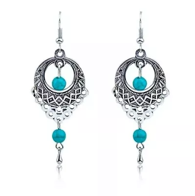 £3.99 • Buy Vintage Boho Ethnic Indian Tribal Hippy Silver Turquoise Beaded Fashion Earrings