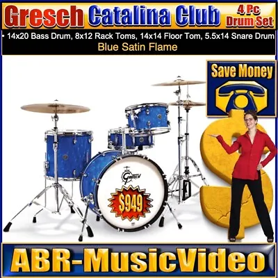 Gretsch Catalina Club 4 Piece (20/12/14/14SN) Blue Satin Flame CT1-J404-BSF • $1425.51