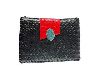 Vtg 80s Valerie Black Red Woven Bamboo Snake Skin Oversized Clutch Purse • $29.99