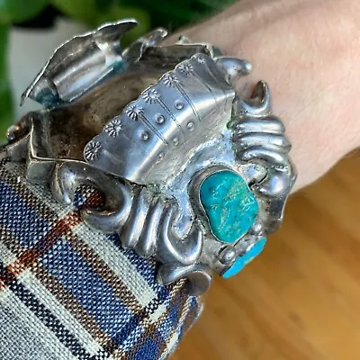 Unmarked Native American Sterling Silver Turquoise Watch Cuff Bracelet 117 Grams • $299