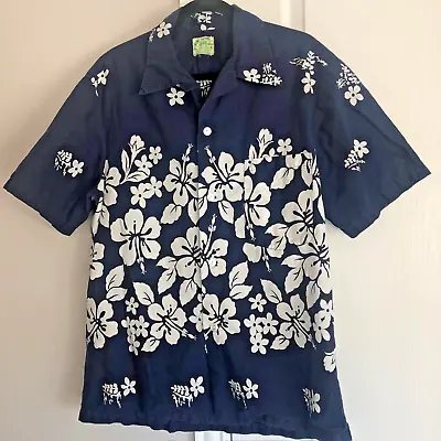 Vintage 60s Ui-Maikai Floral Blue Hawaiian Shirt Hibiscus Unsized %100 Cotton • $27.99