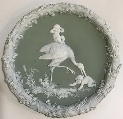 Vintage Estate Detailed Jasperware Stork Egret Cherub Baby Angel Flowers Plate • $99