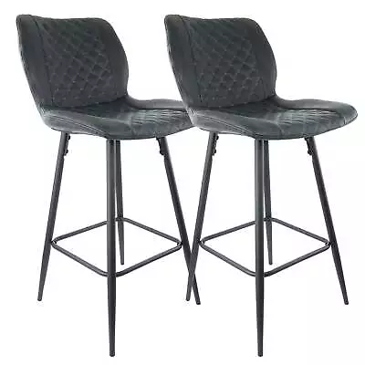 Elama 2 Piece Diamond Stitched Faux Leather Bar Chair In Black With Metal Legs • $187.47