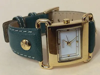 ECLISSI Gold Tone Square Quartz Watch Green Genuine Leather Easy To Read Dial • $50