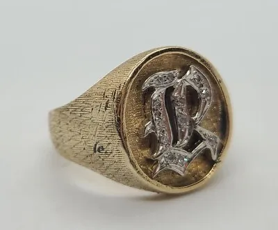 Estate 14k Yellow Gold Initial Letter R Mens Ring Diamonds .10 Ct Size 11 • $1650