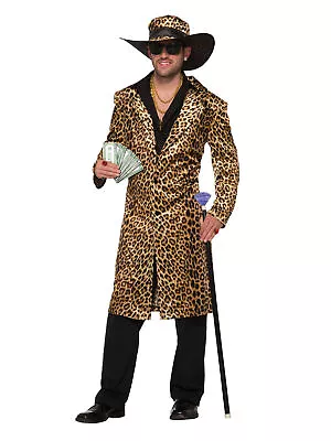 Mens Funky Leopard Pimp Costume Long Jacket Animal Print Boss Adult Fancy Dress • £27.99