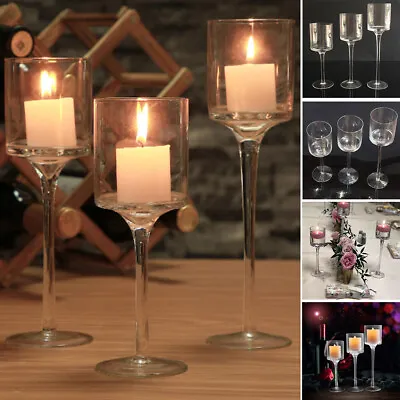 £12.94 • Buy Set Of 3 Tall Glass Large Candle Holders Centrepiece Tea-Light Wedding Candles