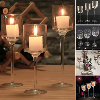 Set Of 3 Tall Glass Large Candle Holders Centrepiece Tea-Light Wedding Candles • £12.94