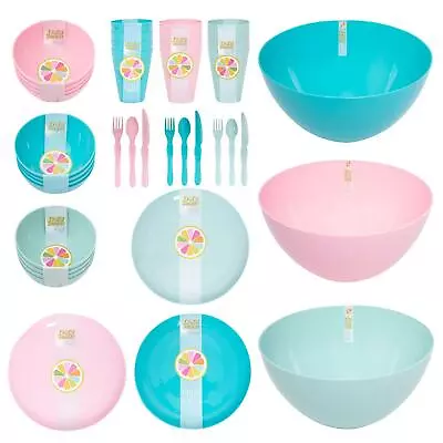 Pink Blue Green Plastic Picnic Set Reusable Camping Summer BBQ Plate Bowl Cup • £6.99