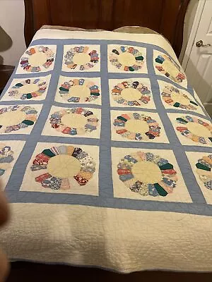 Antique Dresden Plate Quilt Blue/wGORGEOUS 1930s 76x72￼ Well Stitched • $395