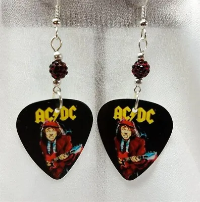 Angus Young AC/DC Guitar Pick Earrings With Dark Red Pave Beads • $6.50