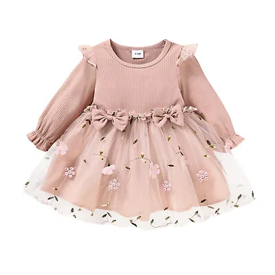 Baby Girl Birthday Party Princess Dress Ribbed Knitted Dress Knitwear Bow Flower • £6.99