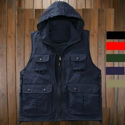 Men Photo Waistcoat Vest Hooded Sleeveless Jacket Coat Gilet Outdoor Casual • $40.58