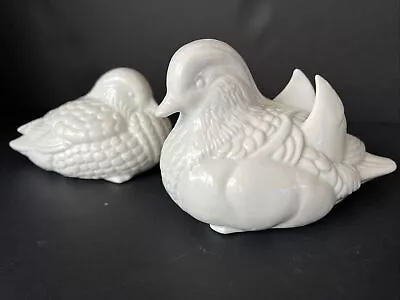 Vintage White Porcelain Gloss Mandarin Duck Set Of 2 Japan Figurine Birds Dove • £25.72