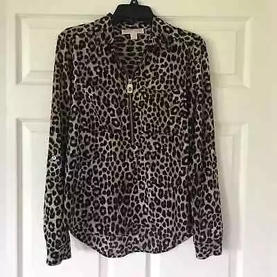 Michael Kors MK Women's Leopard Long Sleeve Blouse Roll Tab Sleeves & Logo Zip S • $18