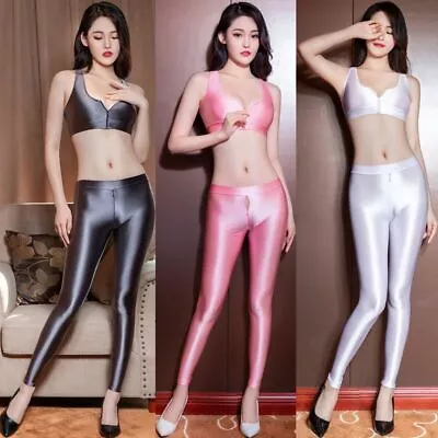 Womens Satin Zip Bra Vest & Zipper Crotch Leggings Shiny Trousers Pants Clubwear • £8.39