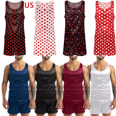 US Mens Satin Pajamas Set Sleeveless Tank Top With Shorts Sleepwear Loungewear • $13.29