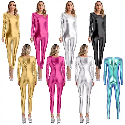 Womens Leotard Long Sleeve Full Body Bodysuit Metallic Shiny Unitard One Piece • $16.45