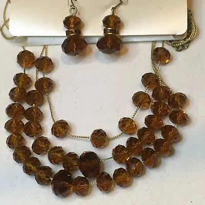 Daisy & Eve Dark Amber Crystal Triple Chain Necklace & Earring Set Autumnal • £8.50