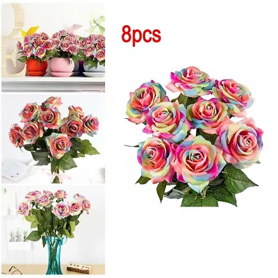 8x Colorful Fake Flowers Bouquet Rainbow Artificial Rose Home Party Decor DIY UK • £10.29