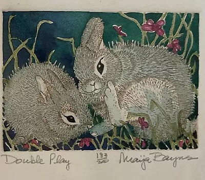 MAIJA BAYNES Watercolor Double Play Bunnies Rabbits Mini Signed Numbered 183/200 • $24.99