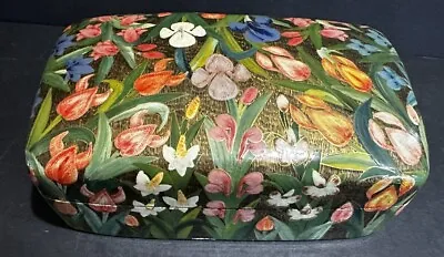 Vintage Kashmir Lacquer Floral Hand Painted Paper Mache Trinket Box India 6.5x4' • $25