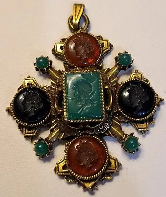 Vtg Gold Tone Maltese Cross Intaglio Unsigned Florenza Necklace Pendant Green • $200