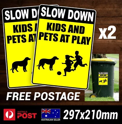 Wheelie Bin Stickers SLOW DOWN KIDS AND PETS AT PLAY X2 - Vinyl Decal Sign • $15