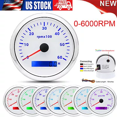 85mm Boat Tachometer Gauge 0-6000RPM 7 Colors LED Hourmeter For Marine Car Truck • $28.11