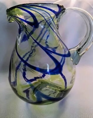 Mexican Hand Blown Art Glass Pitcher Cobalt Blue Green Swirl Large • $19.99