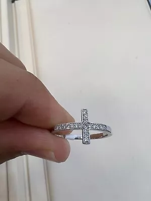 Custom 14K White Gold Milgrain Cross Ring With Diamonds .12CT *Specs In Desc* • $535