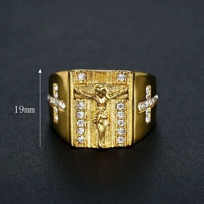 Mens Stainless Steel Gold Cz Jesus Cross Crucifix Ring For Men Size 7-14 New • $9.19