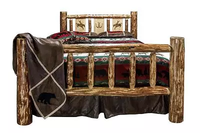 QUEEN Log Bed UNIQUE Laser Engraved Design Woodburning Carving Rustic Lodge Beds • $1347.57