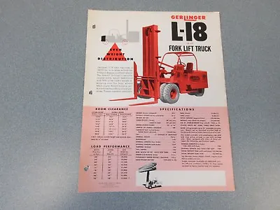 Old 1954 Gerlinger L-18 Forklift Sales Sheet 18000 Pound Pallet Truck • $40