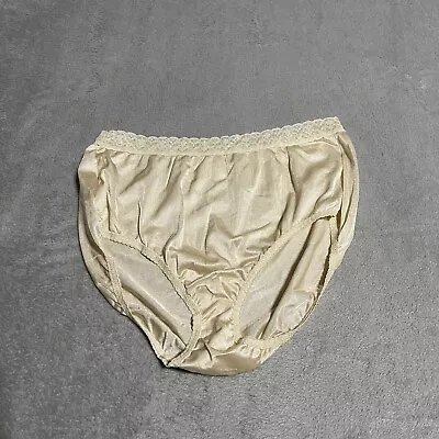 Vintage Fruit Of The Loom Granny Panty Womens 8 Beige Hi Cut Brief Satin Lace • $19.95