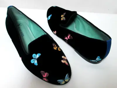 Blue Bird Embroidered Butterfly Velvet Leather Flats Slides Women Size Sz 7 • $99.99