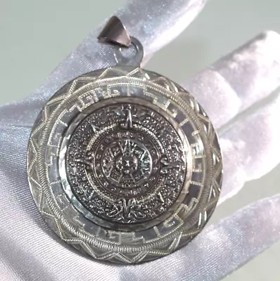 Huge Sterling Silver Aztec Mexican Mayan Calendar Charm Pendant 53 Grams  83 • $149.99