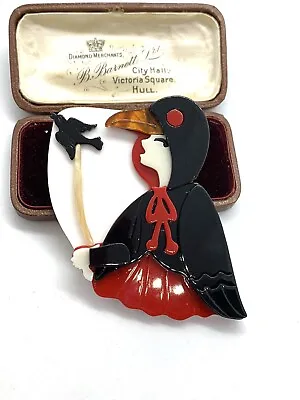  Witchy Girl In Black Cloak And Crow Lucite Large Brooch - Wiccan Pagan - BN • £10.99