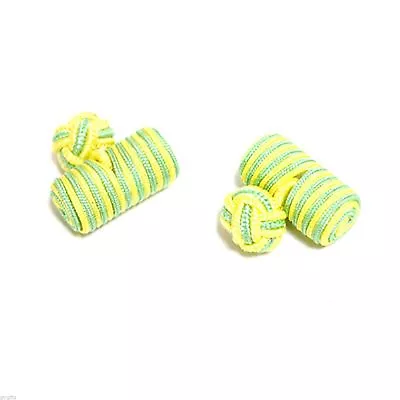 £3.99 • Buy Lime Green & Yellow Striped Barrel Style Silk Knot Cufflinks X2SKC007