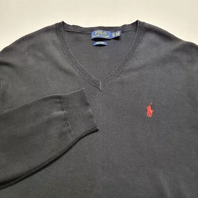 Polo Ralph Lauren V Neck Sweater Men XL Blue Red Pony Pima Cotton Long Sleeve • $15