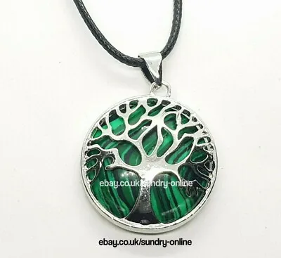 Tree Of Life Malachite Healing Stone Necklace Pendant Chakra Quartz Silver Trim • £4.99