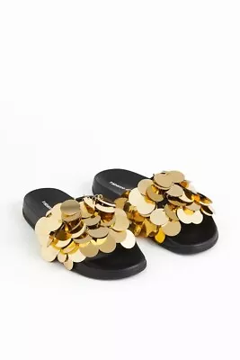 New H&M HM H M X Rabanne Sequin Disc Slides Black Gold Eur 38 39 Us 7 8 • $275