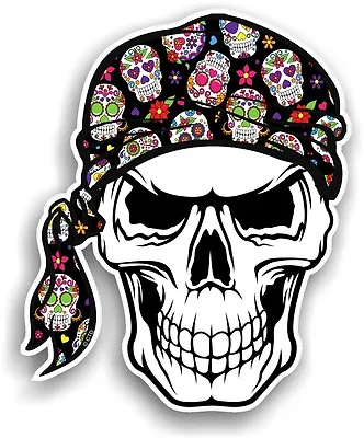 Skull With HEAD Bandana & Mexican Sugar Skull Pattern Vinyl Car Sticker Decal • £2.83