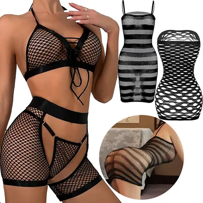 Women Sexy Lingerie Fishnet Body Stockings Babydoll Bodysuit Outfit Dress BraSet • $6.71