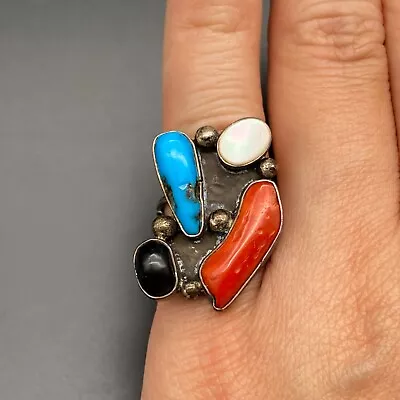 Vintage Southwestern Turquoise Coral MOP Silver Ring Size 7 • $185