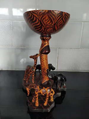 £9.99 • Buy WOODEN AFRICAN DESIGN BOWL On STAND With GIRAFFES/ELEPHANT & LION