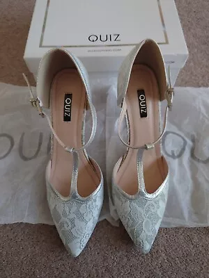 Quiz White Silver Lace Shoes 7 Wedding Bridal T Bar Ankle Strap Stiletto Heels • £19